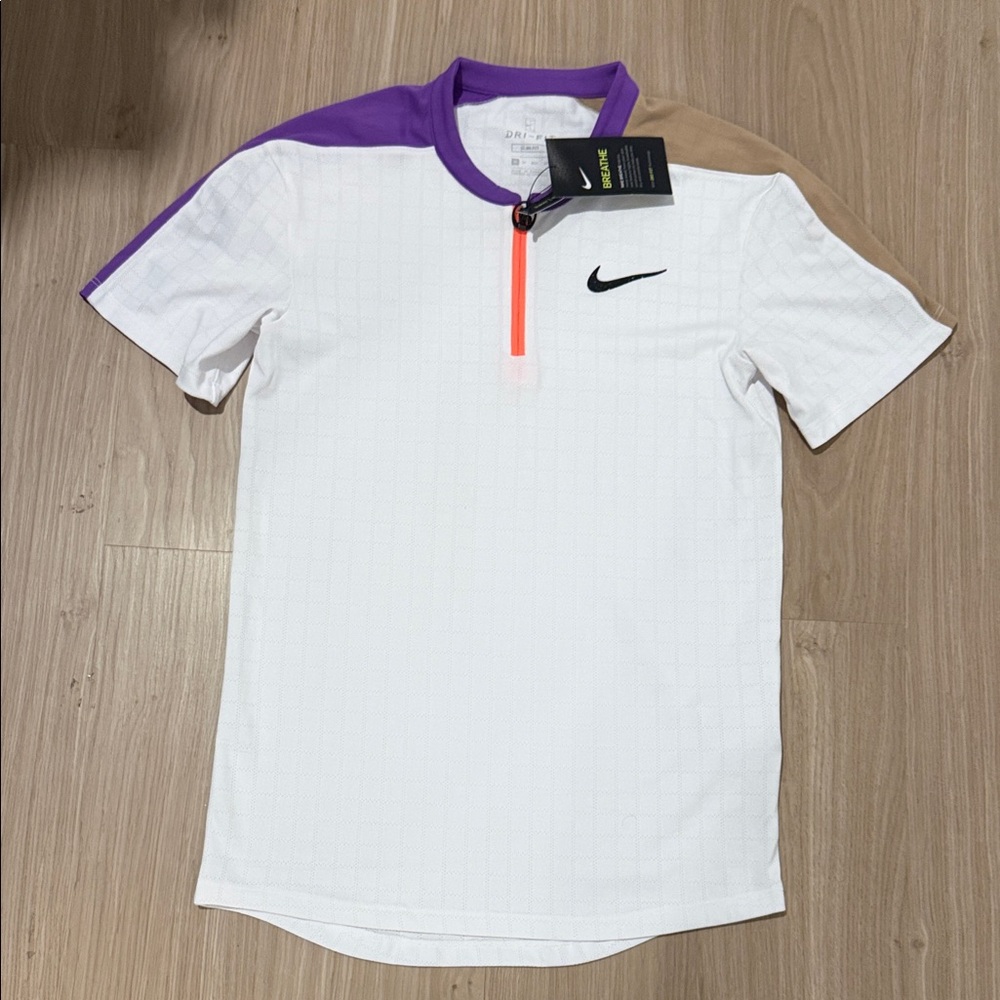 Nike Men's White Shirt with Purple and Tan Accents